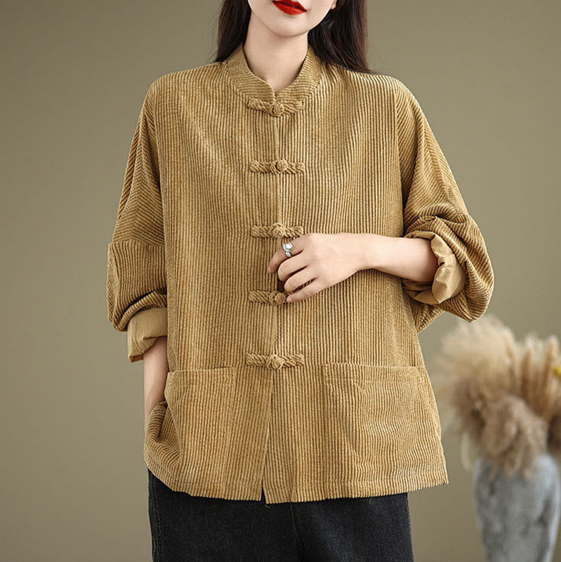 Tactile Cotton Linen Frog-Button Stand Collar Grounding Jacket