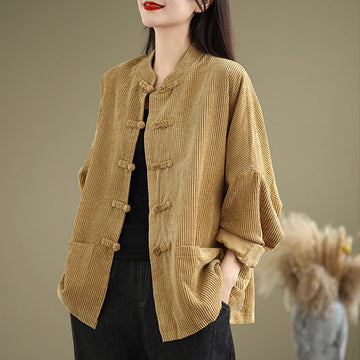 Tactile Cotton Linen Frog-Button Stand Collar Grounding Jacket