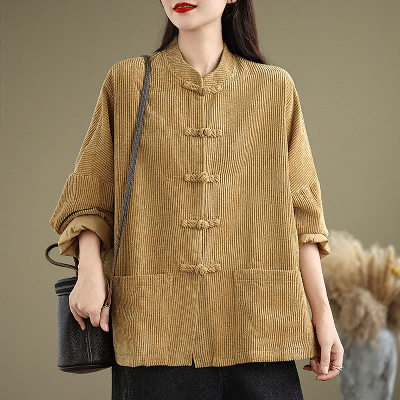 Tactile Cotton Linen Frog-Button Stand Collar Grounding Jacket