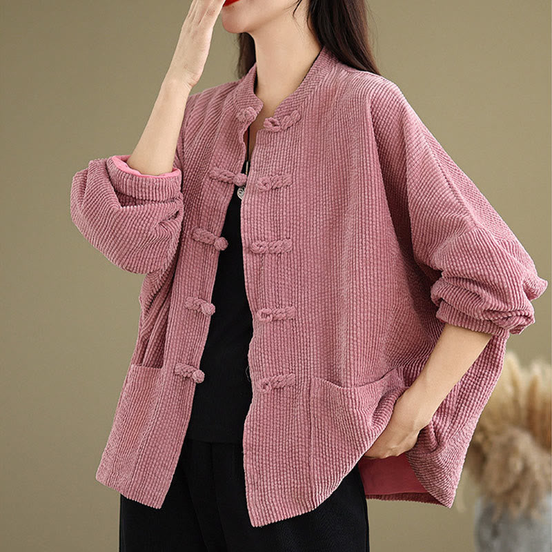 Tactile Cotton Linen Frog-Button Stand Collar Grounding Jacket
