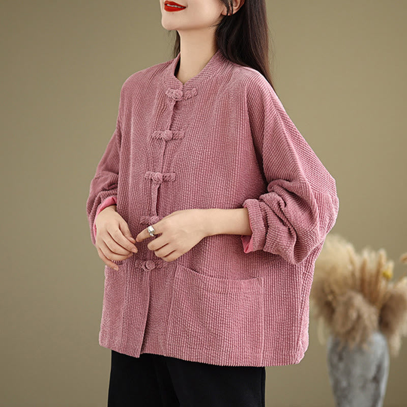 Tactile Cotton Linen Frog-Button Stand Collar Grounding Jacket