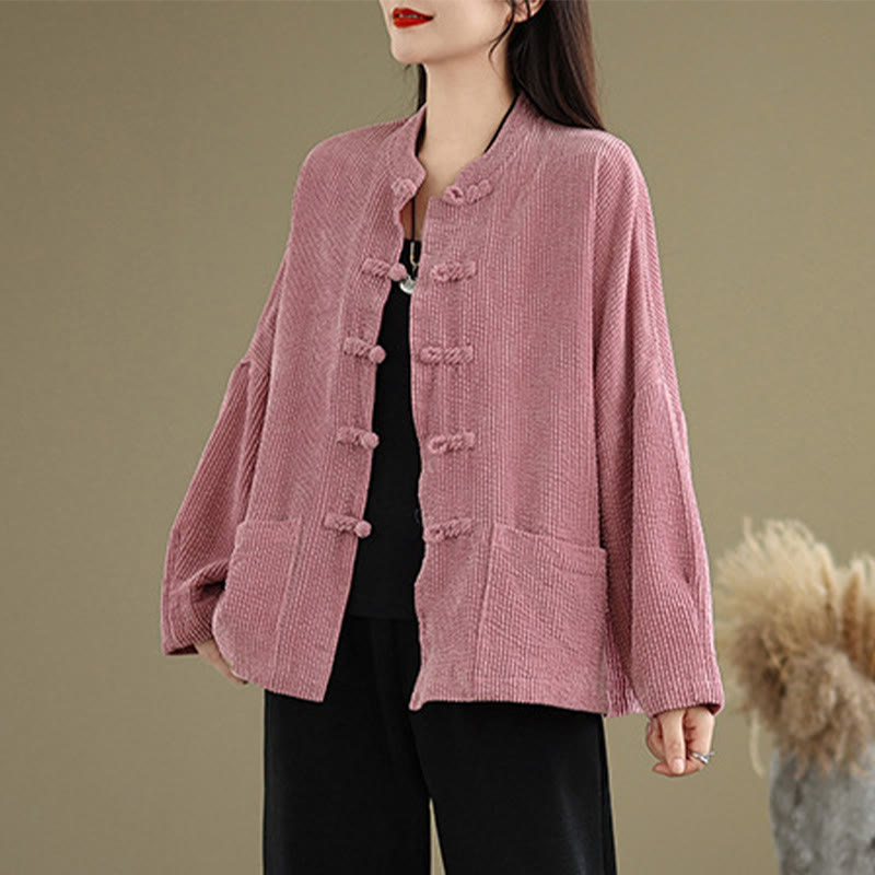 Tactile Cotton Linen Frog-Button Stand Collar Grounding Jacket