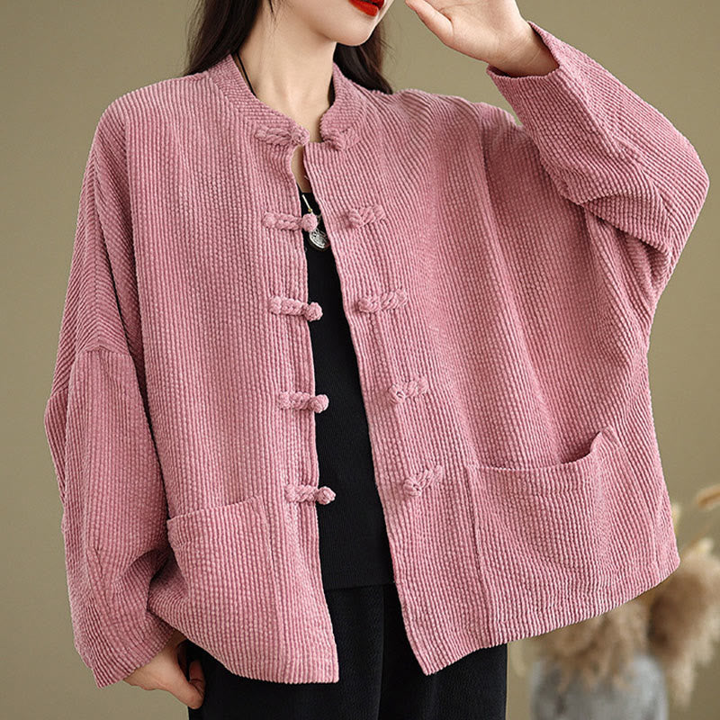 Tactile Cotton Linen Frog-Button Stand Collar Grounding Jacket