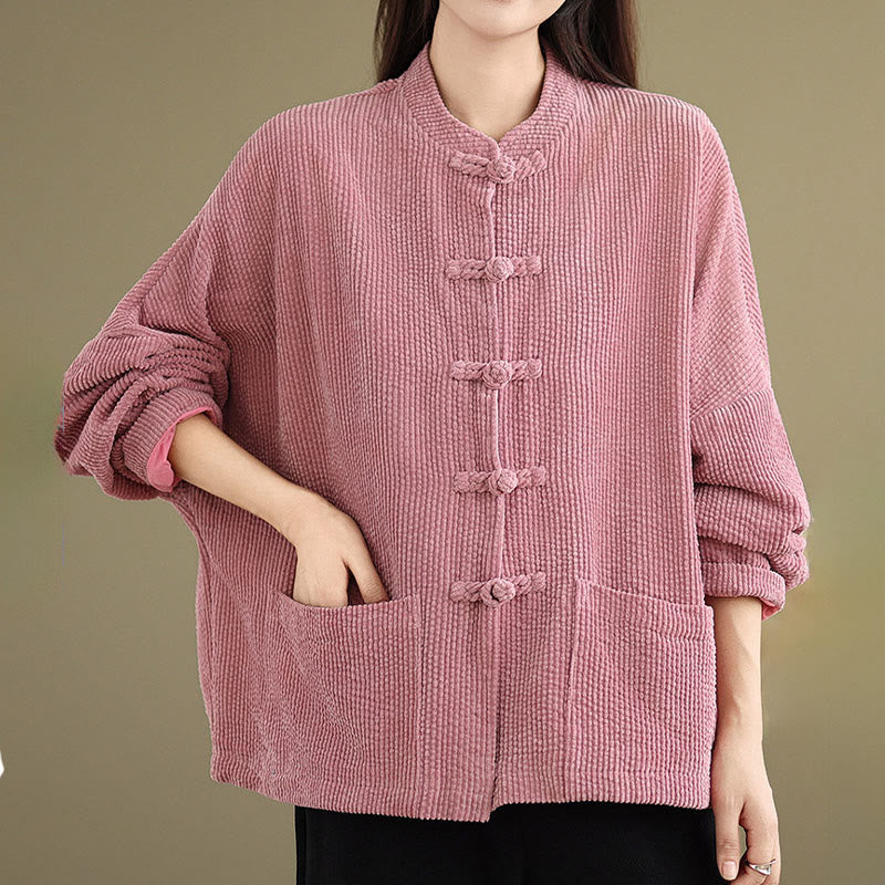 Tactile Cotton Linen Frog-Button Stand Collar Grounding Jacket