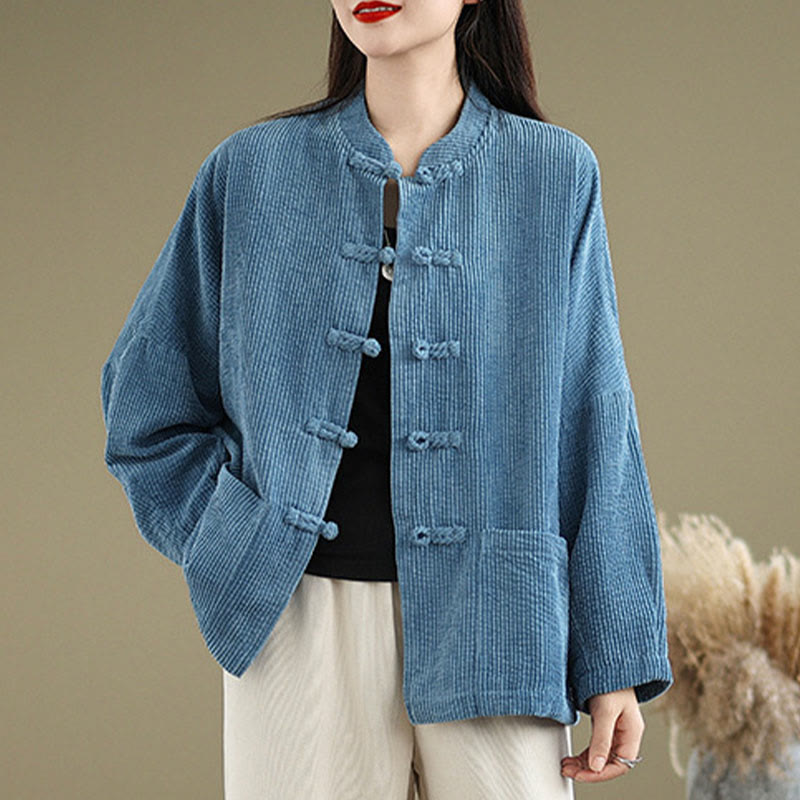 Tactile Cotton Linen Frog-Button Stand Collar Grounding Jacket