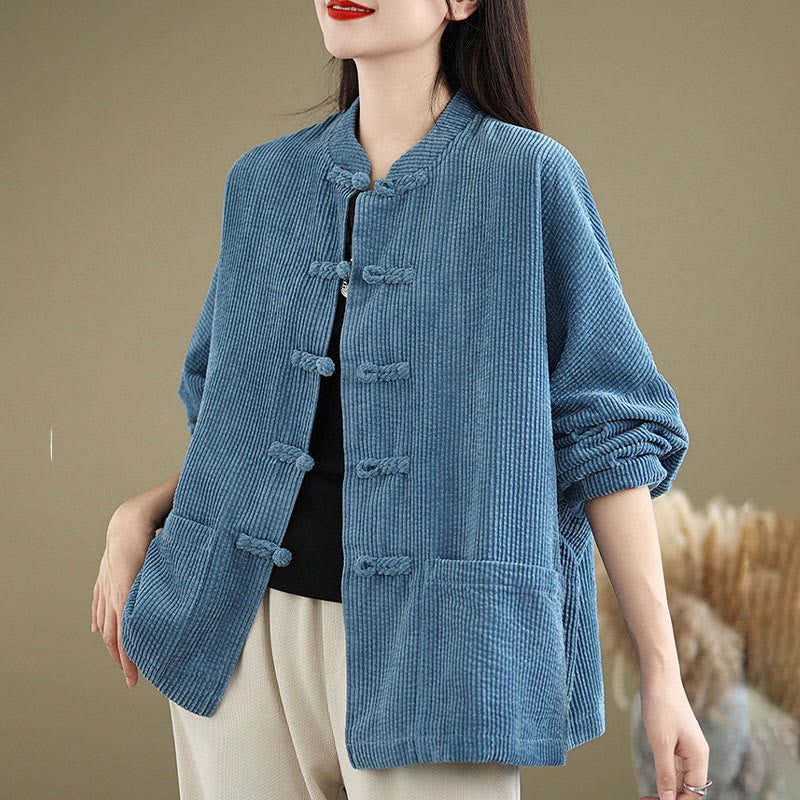 Tactile Cotton Linen Frog-Button Stand Collar Grounding Jacket