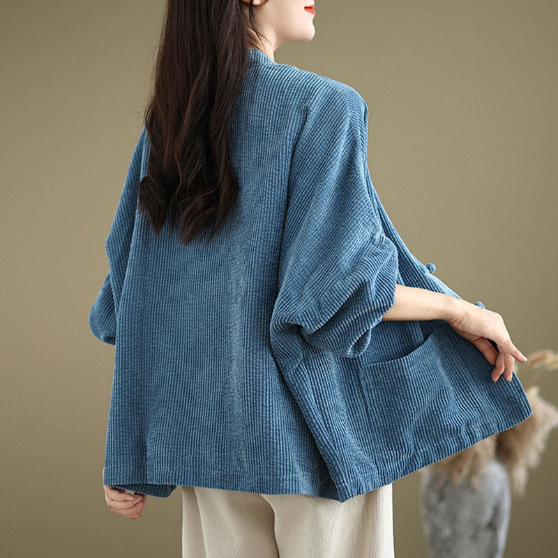 Tactile Cotton Linen Frog-Button Stand Collar Grounding Jacket