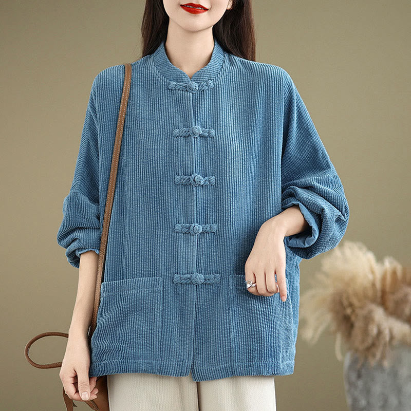Tactile Cotton Linen Frog-Button Stand Collar Grounding Jacket