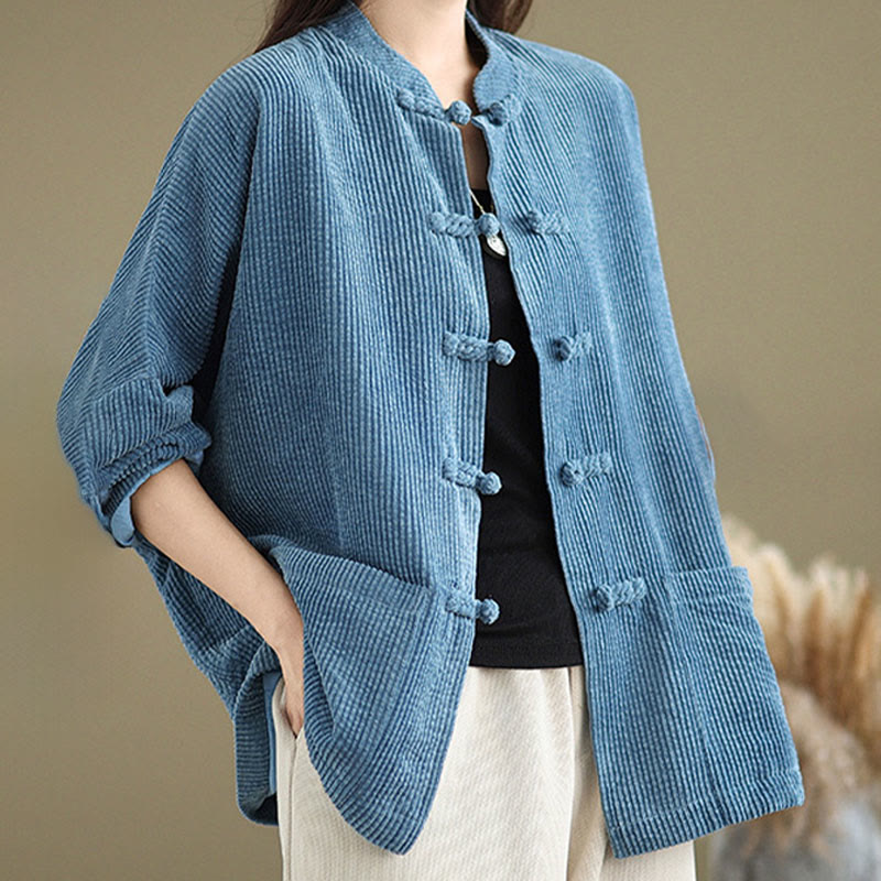 Tactile Cotton Linen Frog-Button Stand Collar Grounding Jacket