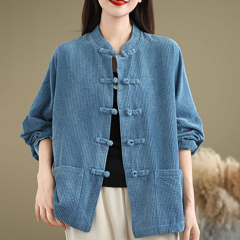 Tactile Cotton Linen Frog-Button Stand Collar Grounding Jacket