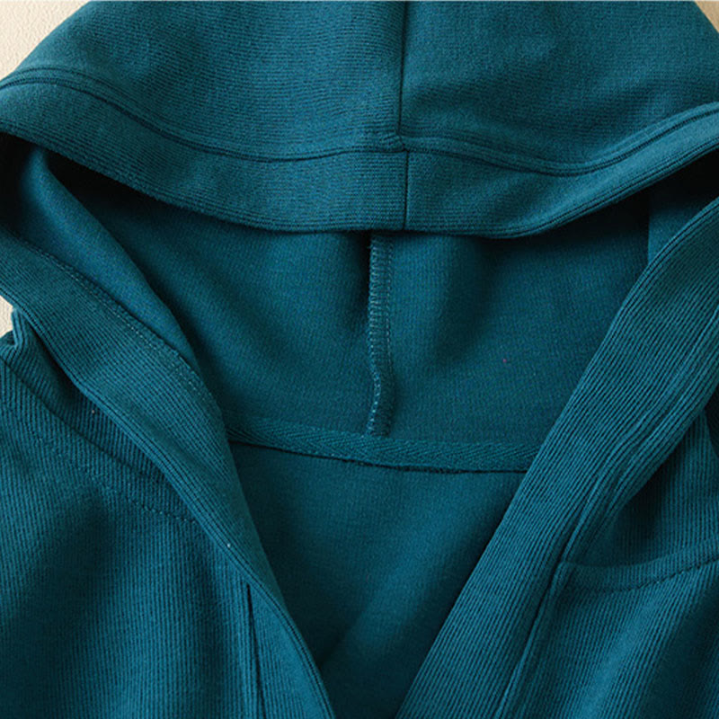 Plain Buttons Women's Cotton Hooded Jacket With Pockets