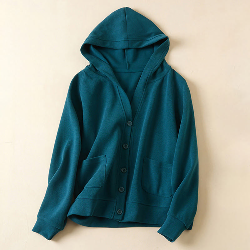 Plain Buttons Women's Cotton Hooded Jacket With Pockets