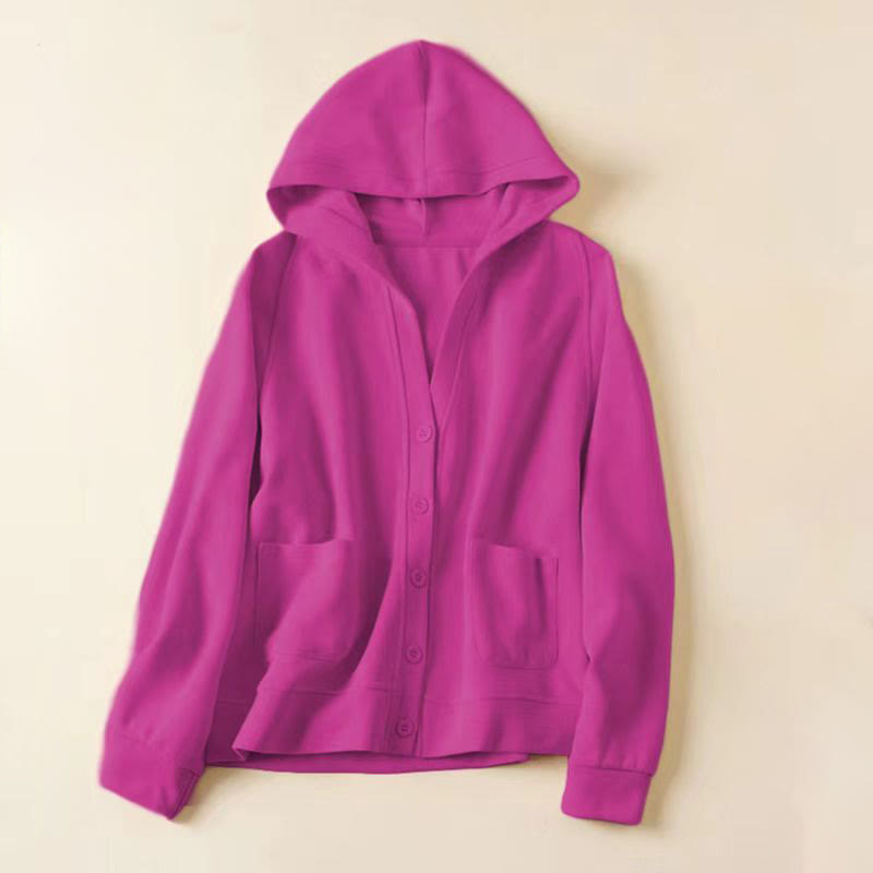 Plain Buttons Women's Cotton Hooded Jacket With Pockets