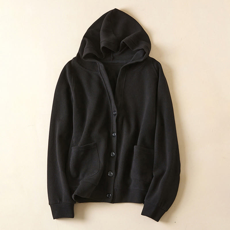 Plain Buttons Women's Cotton Hooded Jacket With Pockets