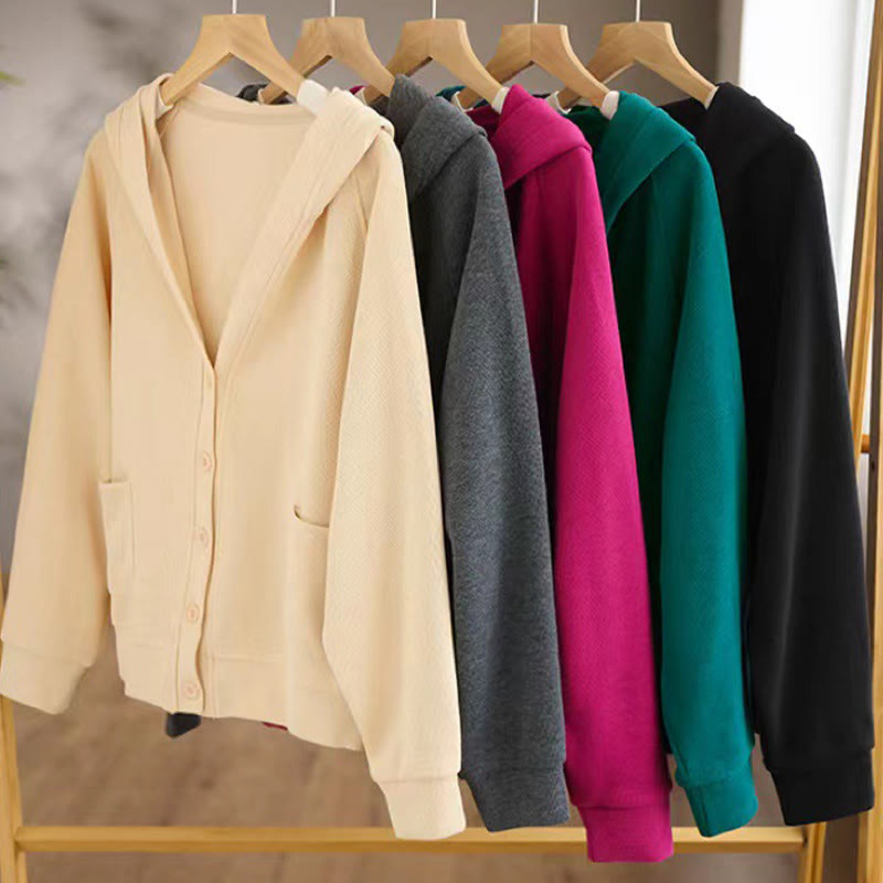 Plain Buttons Women's Cotton Hooded Jacket With Pockets