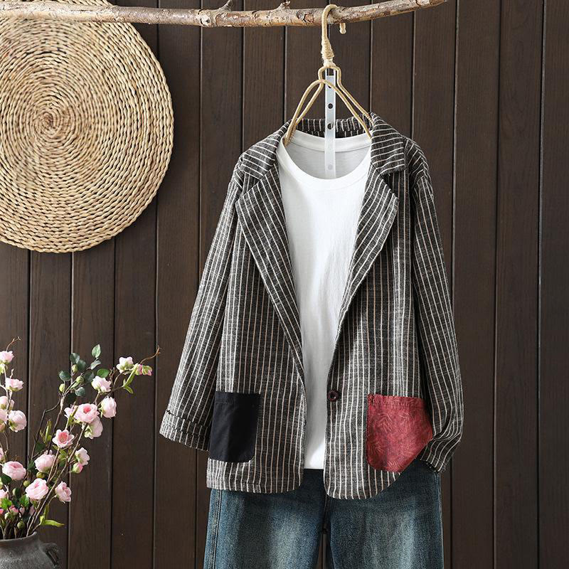 Splicing Stripes Women's Cotton Linen Jacket With Pockets