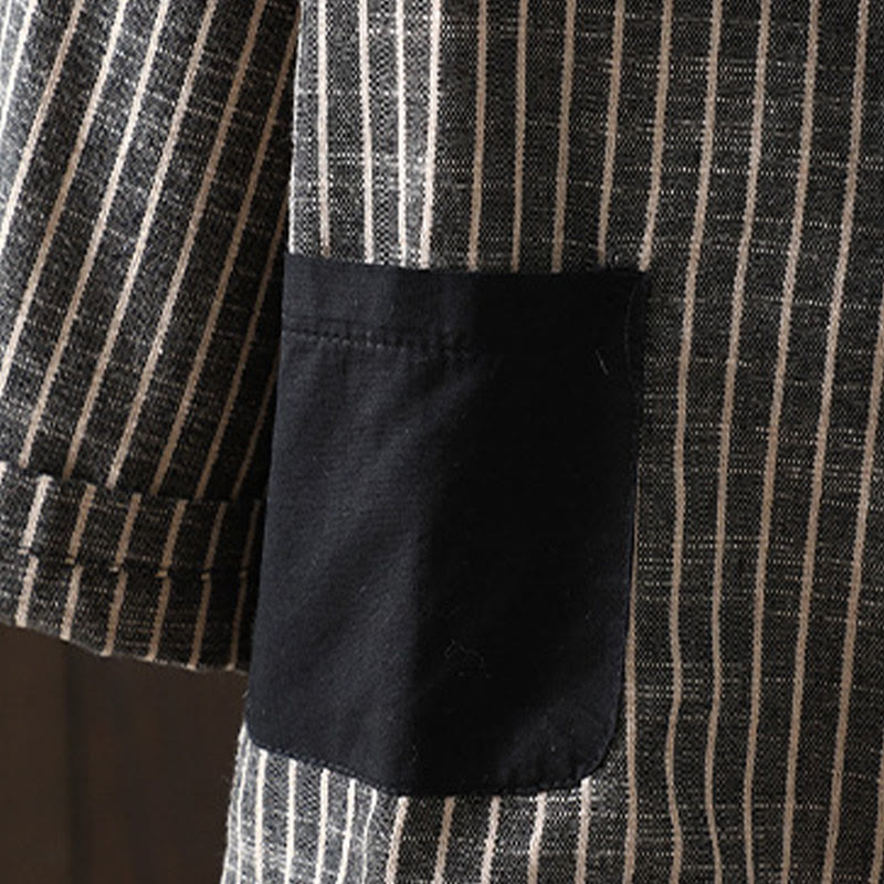 Splicing Stripes Women's Cotton Linen Jacket With Pockets
