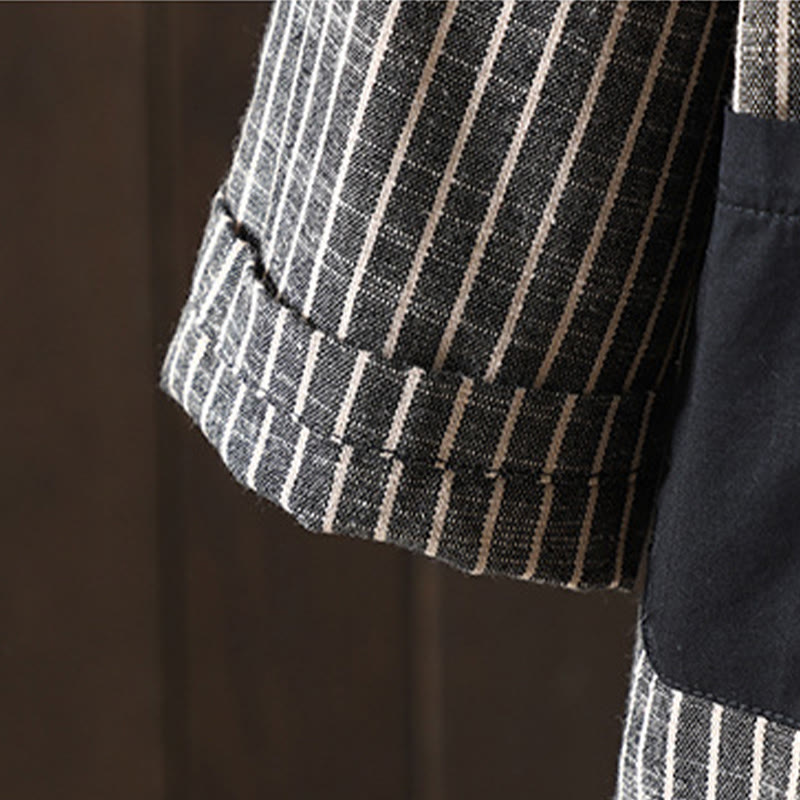 Splicing Stripes Women's Cotton Linen Jacket With Pockets