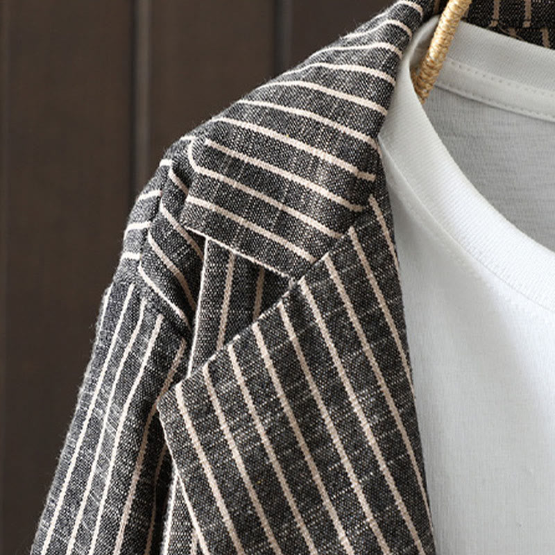 Splicing Stripes Women's Cotton Linen Jacket With Pockets