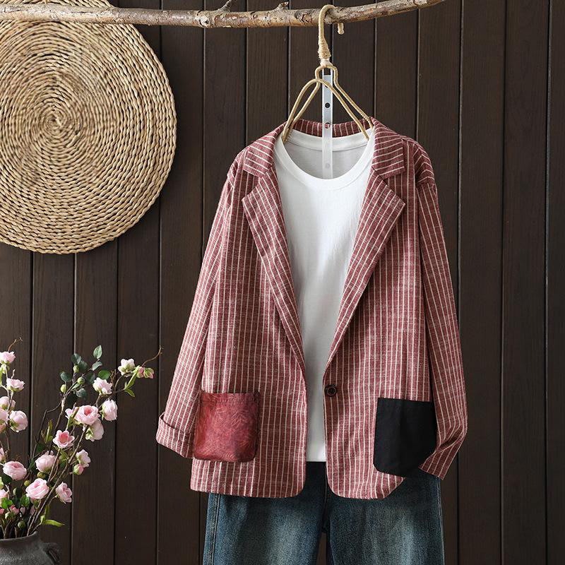 Splicing Stripes Women's Cotton Linen Jacket With Pockets