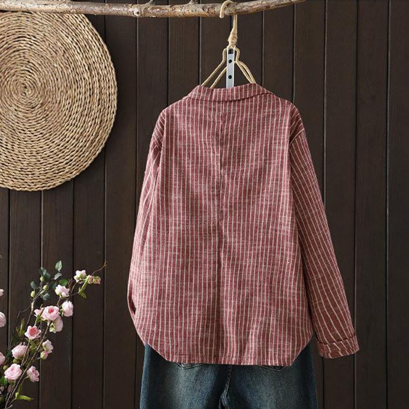 Splicing Stripes Women's Cotton Linen Jacket With Pockets