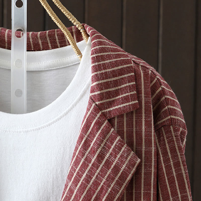 Splicing Stripes Women's Cotton Linen Jacket With Pockets