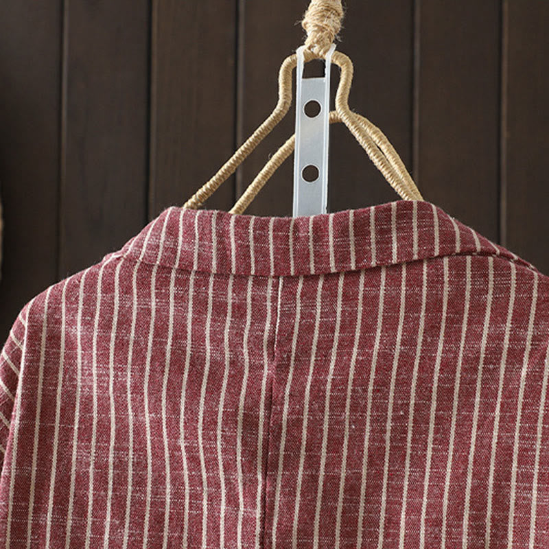Splicing Stripes Women's Cotton Linen Jacket With Pockets