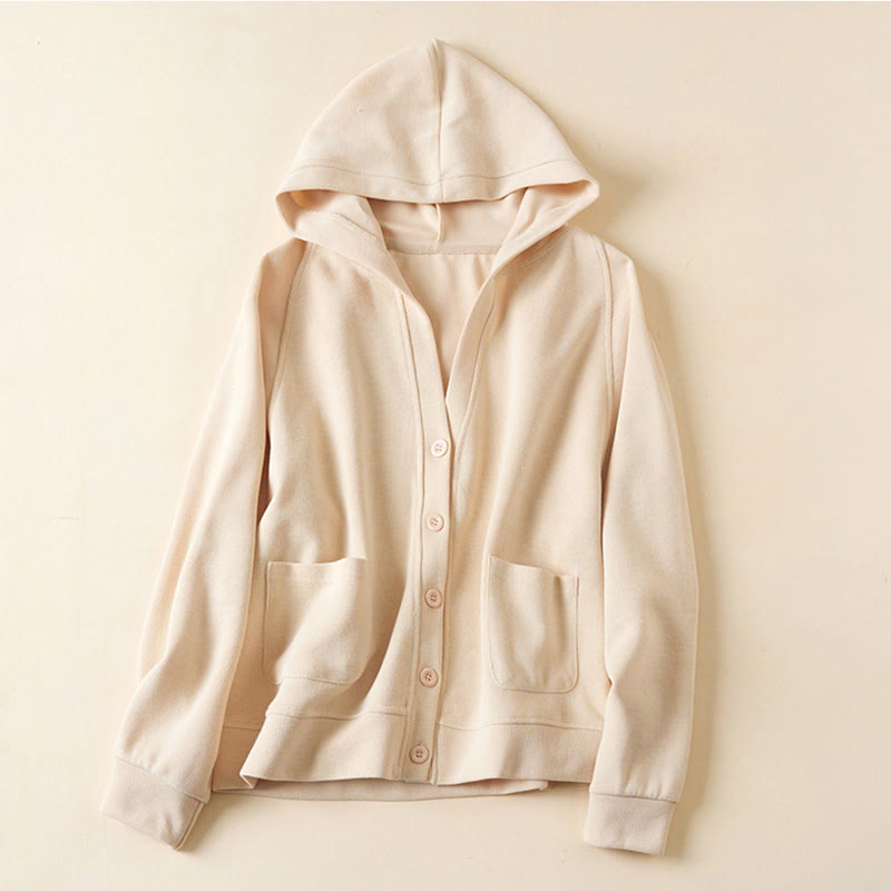 Plain Buttons Women's Cotton Hooded Jacket With Pockets