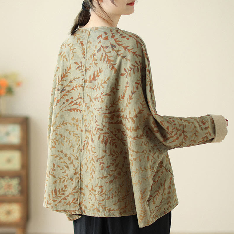 Leaf Print Women's Jacket With Pockets