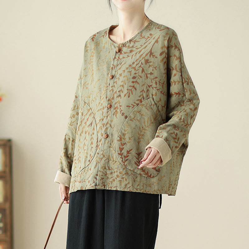Leaf Print Women's Jacket With Pockets