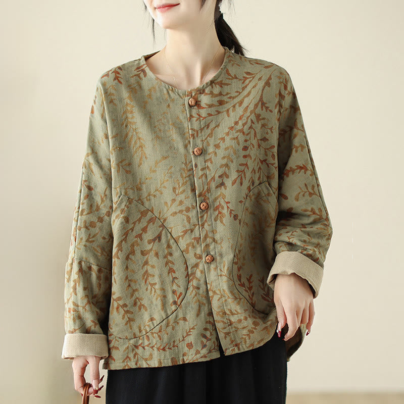 Leaf Print Women's Jacket With Pockets