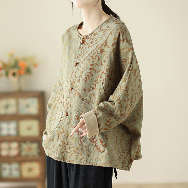 Leaf Print Women's Jacket With Pockets