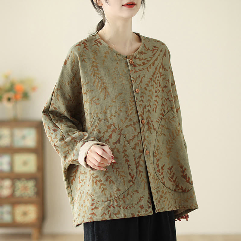 Leaf Print Women's Jacket With Pockets