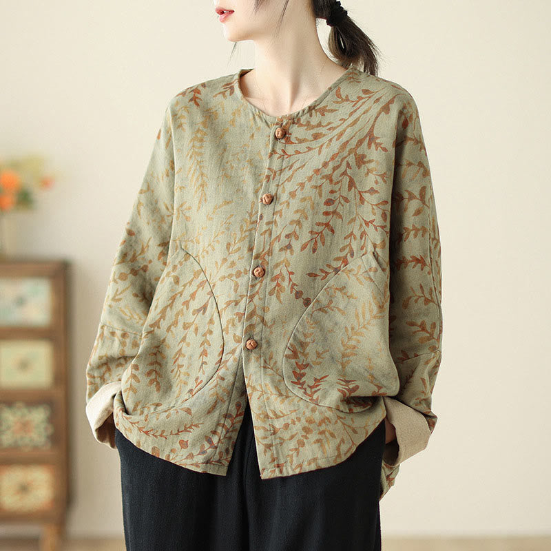 Leaf Print Women's Jacket With Pockets