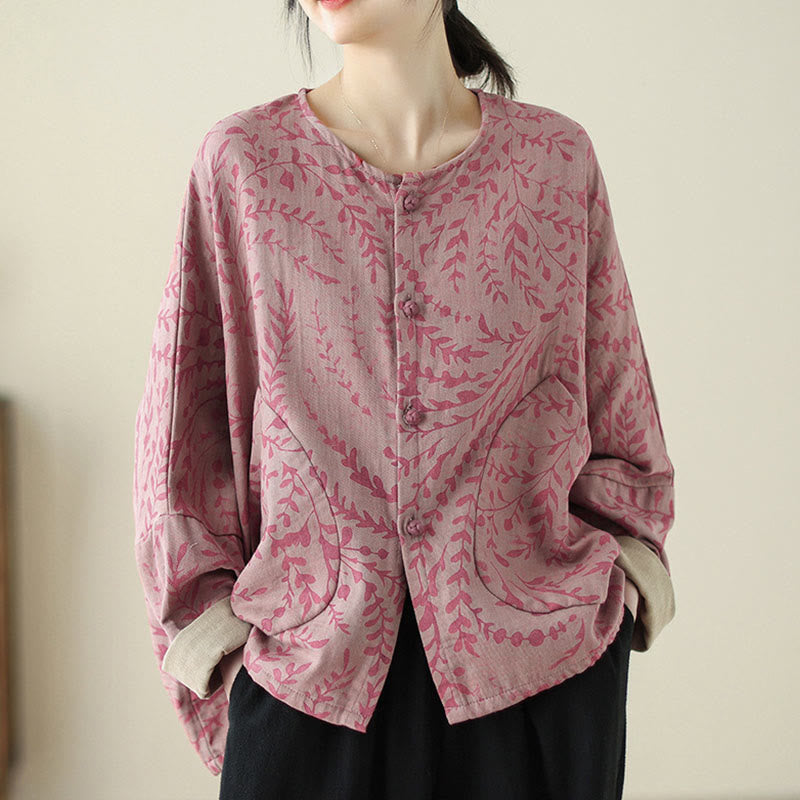 Leaf Print Women's Jacket With Pockets