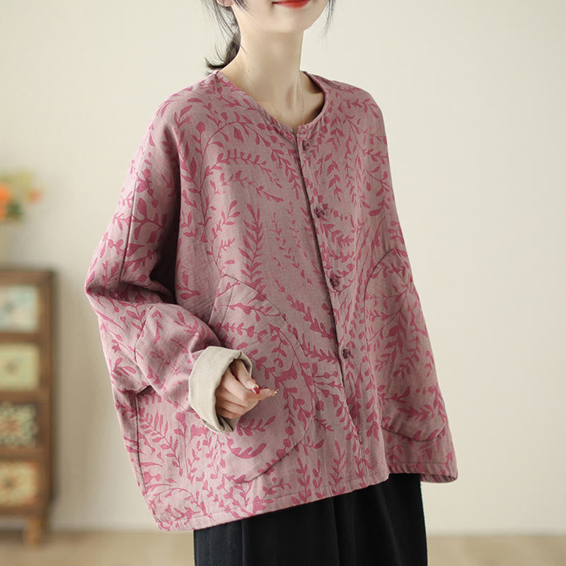 Leaf Print Women's Jacket With Pockets
