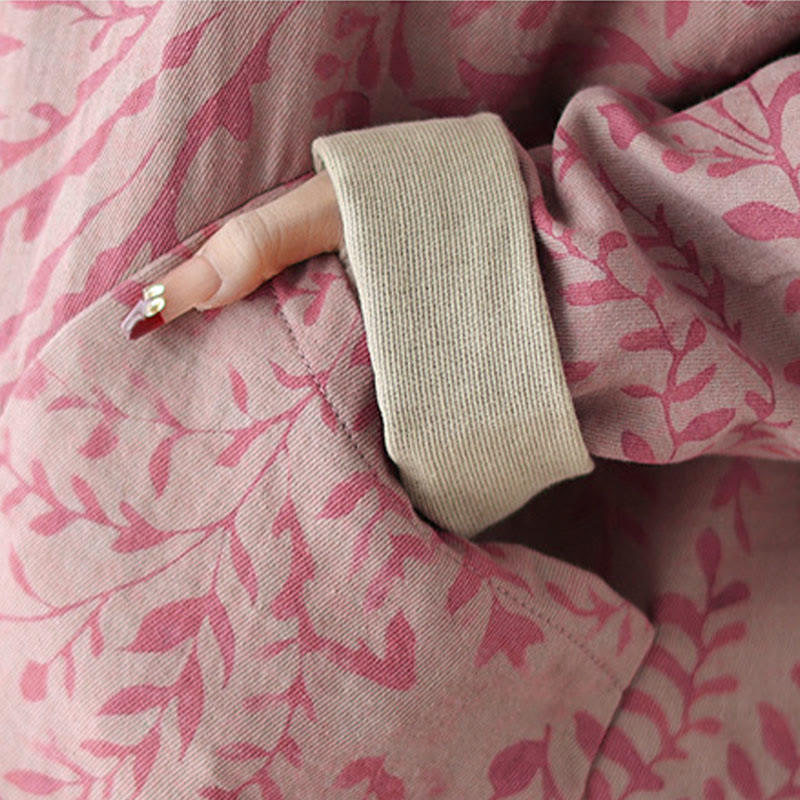 Leaf Print Women's Jacket With Pockets
