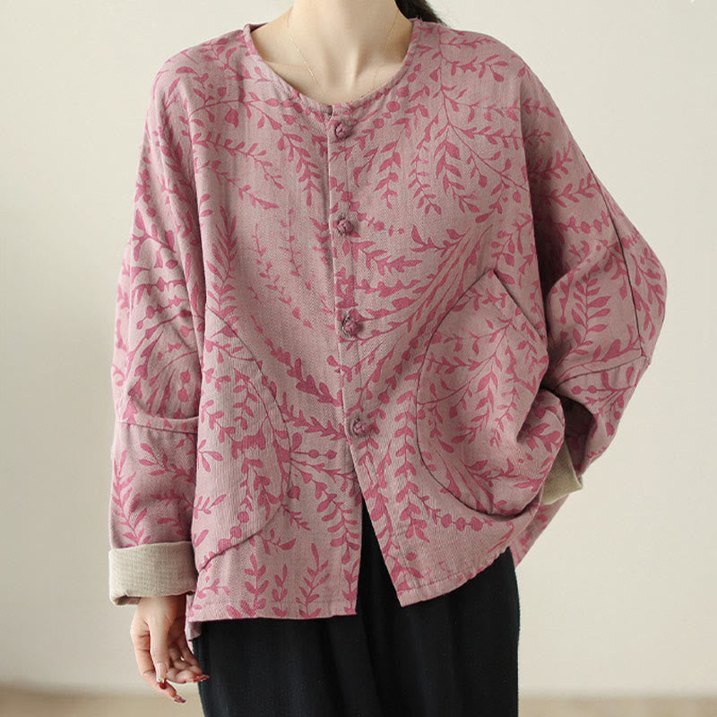 Leaf Print Women's Jacket With Pockets