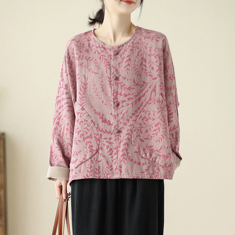 Leaf Print Women's Jacket With Pockets