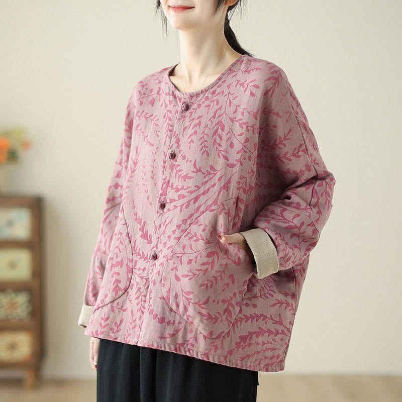 Leaf Print Women's Jacket With Pockets