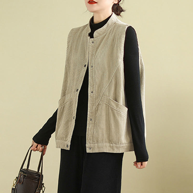 Plain Sleeveless Women's Cotton Vest Corduroy Waistcoat With Pockets