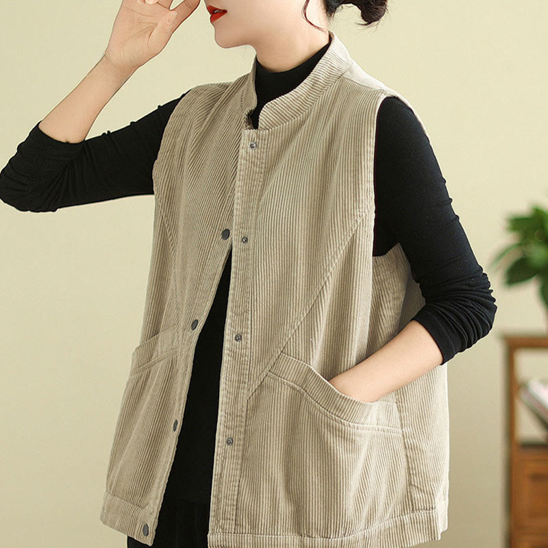 Plain Sleeveless Women's Cotton Vest Corduroy Waistcoat With Pockets