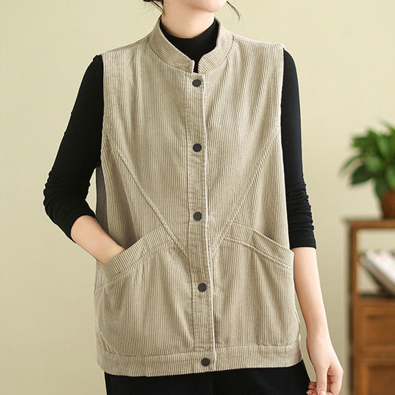 Plain Sleeveless Women's Cotton Vest Corduroy Waistcoat With Pockets