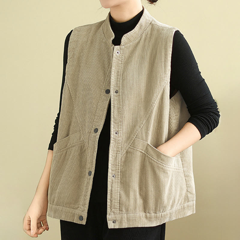 Plain Sleeveless Women's Cotton Vest Corduroy Waistcoat With Pockets