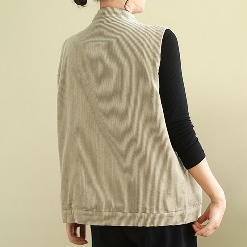 Plain Sleeveless Women's Cotton Vest Corduroy Waistcoat With Pockets