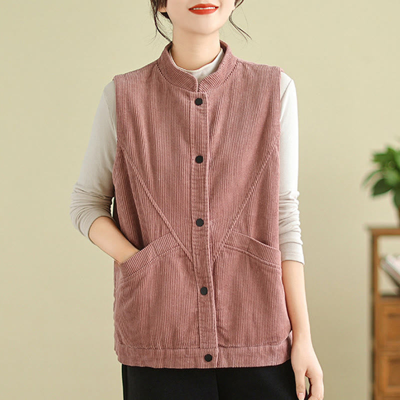 Plain Sleeveless Women's Cotton Vest Corduroy Waistcoat With Pockets