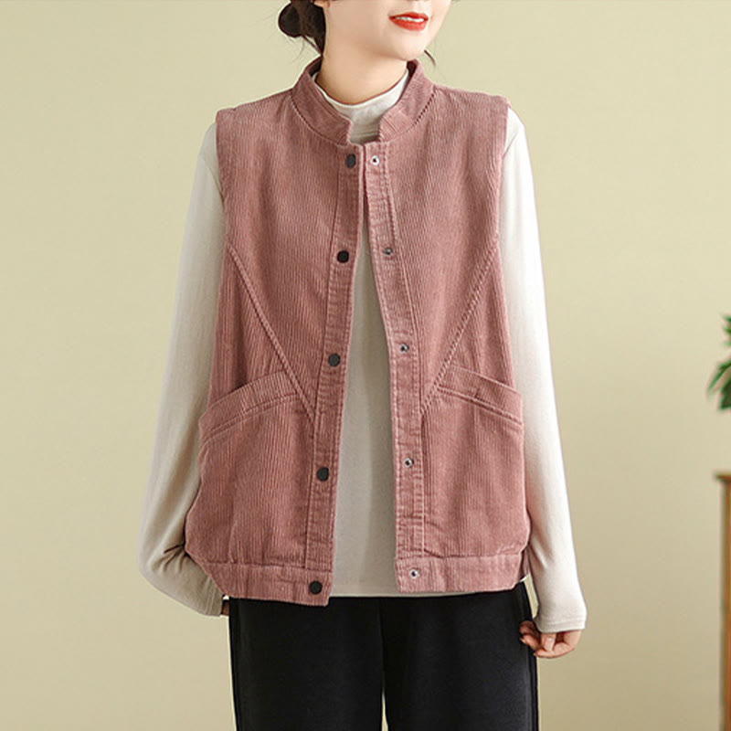 Plain Sleeveless Women's Cotton Vest Corduroy Waistcoat With Pockets