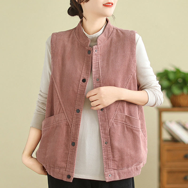 Plain Sleeveless Women's Cotton Vest Corduroy Waistcoat With Pockets