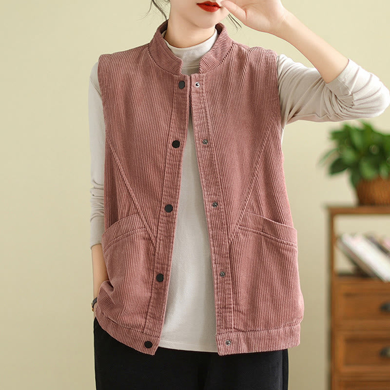 Plain Sleeveless Women's Cotton Vest Corduroy Waistcoat With Pockets