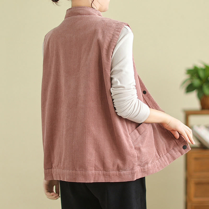 Plain Sleeveless Women's Cotton Vest Corduroy Waistcoat With Pockets